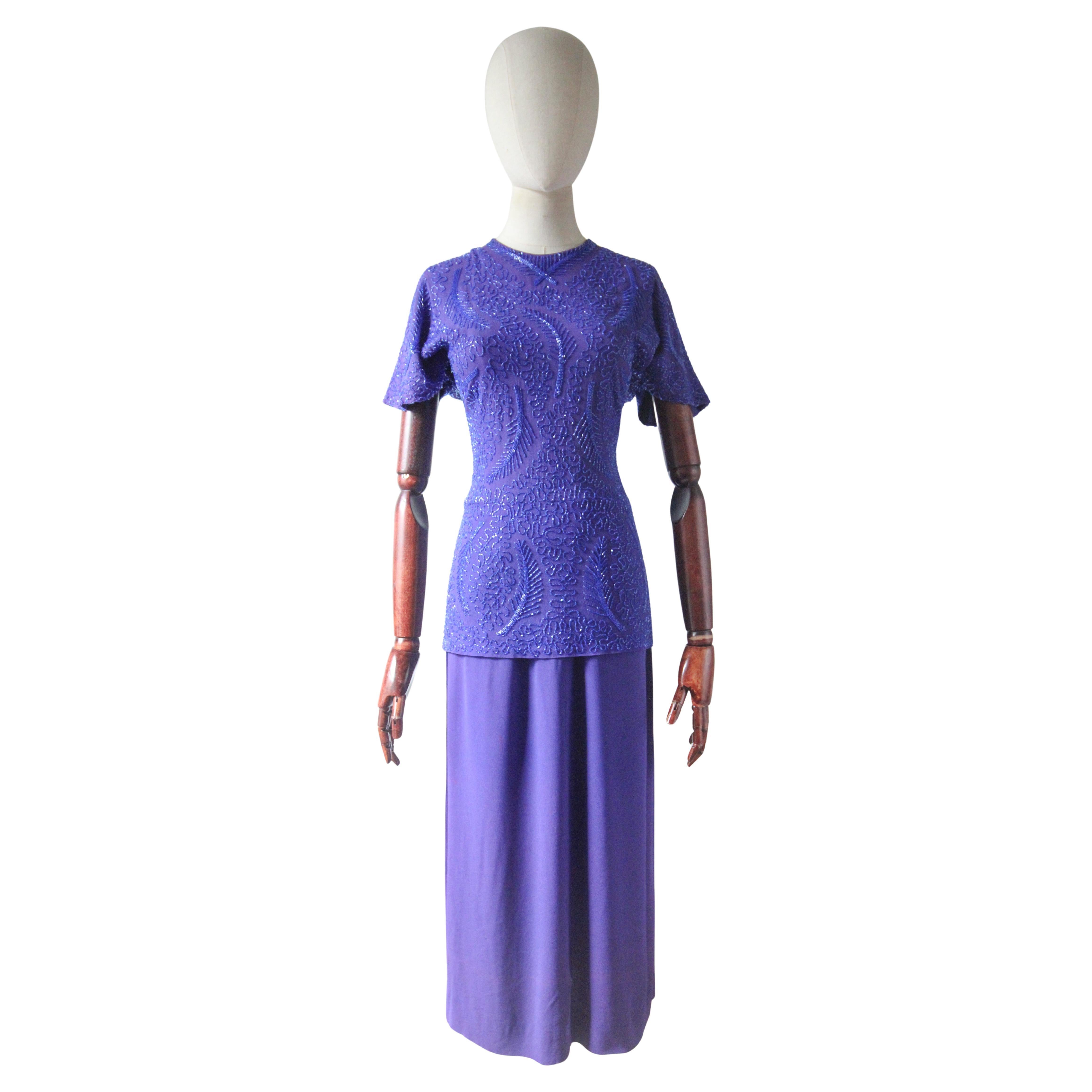 Vintage 1940's violet blue crepe silk beaded dress 1940s silk dress UK 8 US 4 For Sale