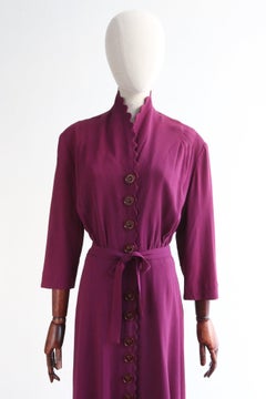 Vintage 1940's Violet Crepe Silk Original 1940s Silk Scalloped Dress UK 16 US 12