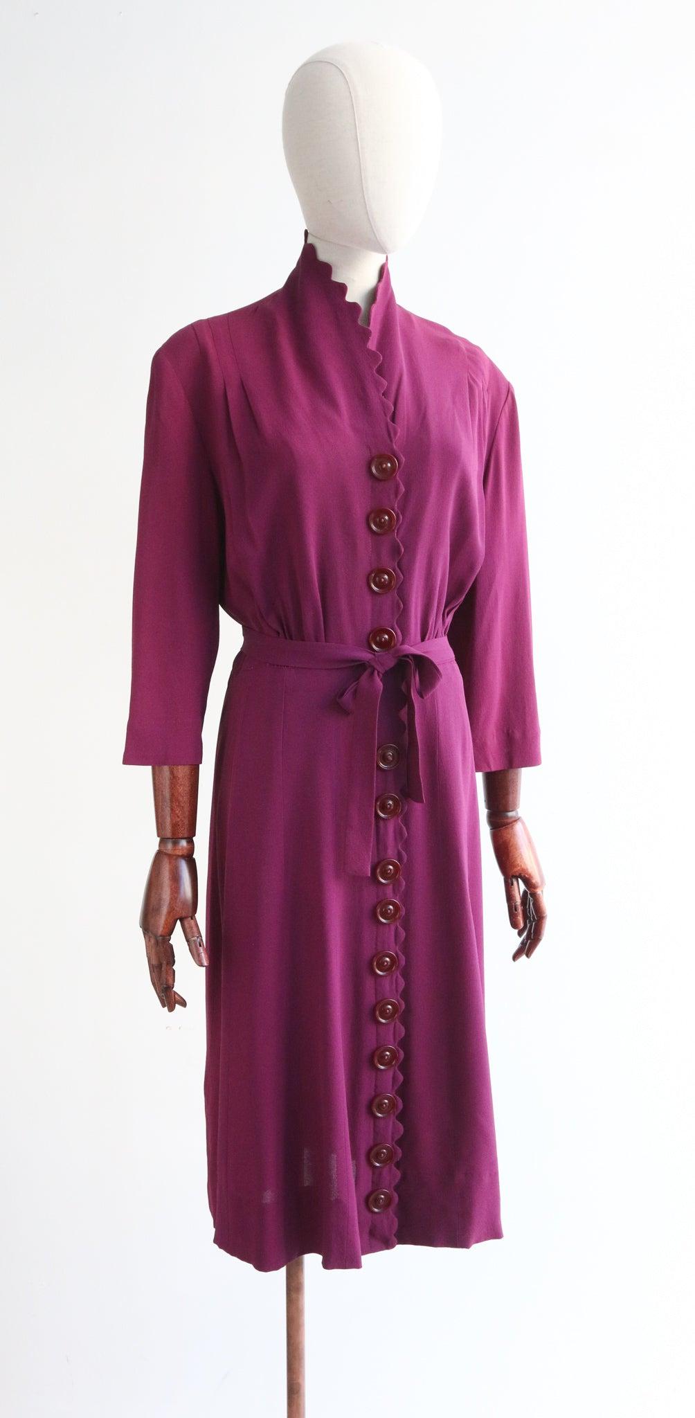 Purple Vintage 1940's Violet Crepe Silk Original 1940s Silk Scalloped Dress UK 16 US 12 For Sale