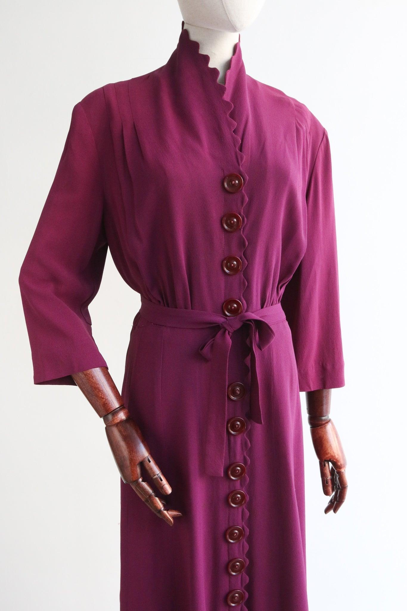 Women's Vintage 1940's Violet Crepe Silk Original 1940s Silk Scalloped Dress UK 16 US 12 For Sale