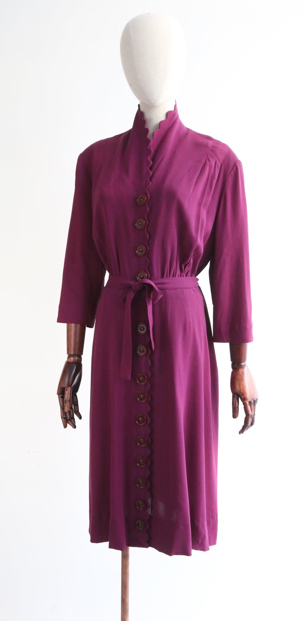 Vintage 1940's Violet Crepe Silk Original 1940s Silk Scalloped Dress UK 16 US 12 For Sale 1