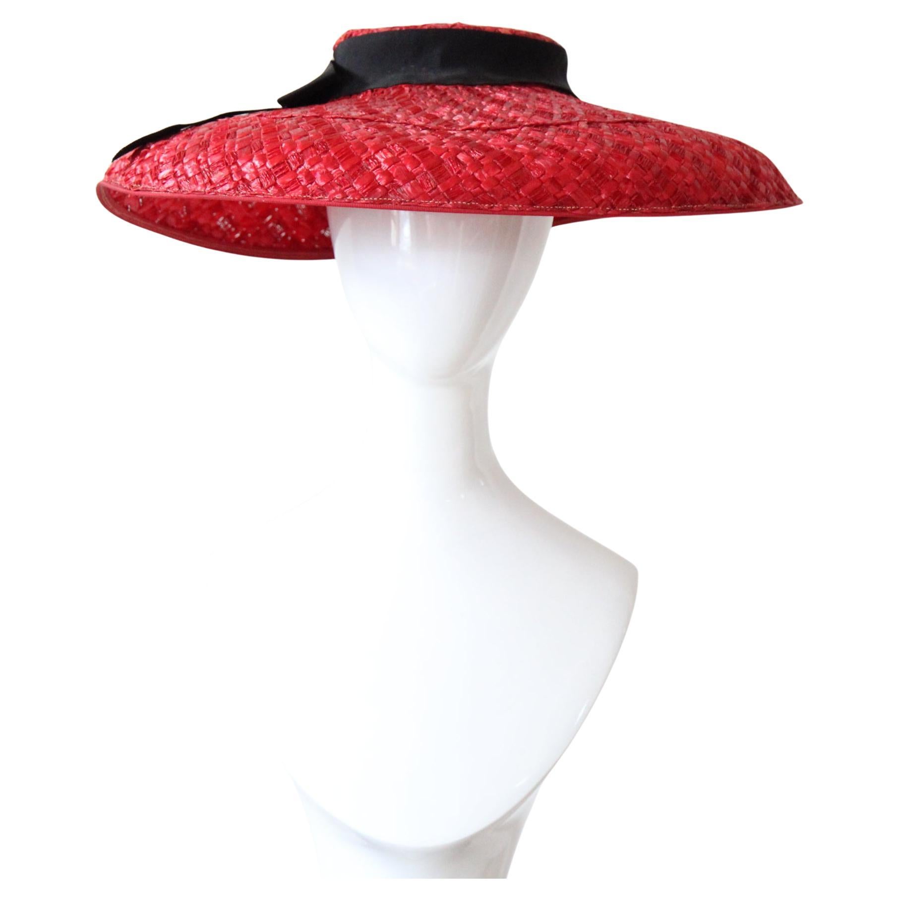 Vintage 1940s Wide Brim Red Raffia Saucer Hat Sun Hat
