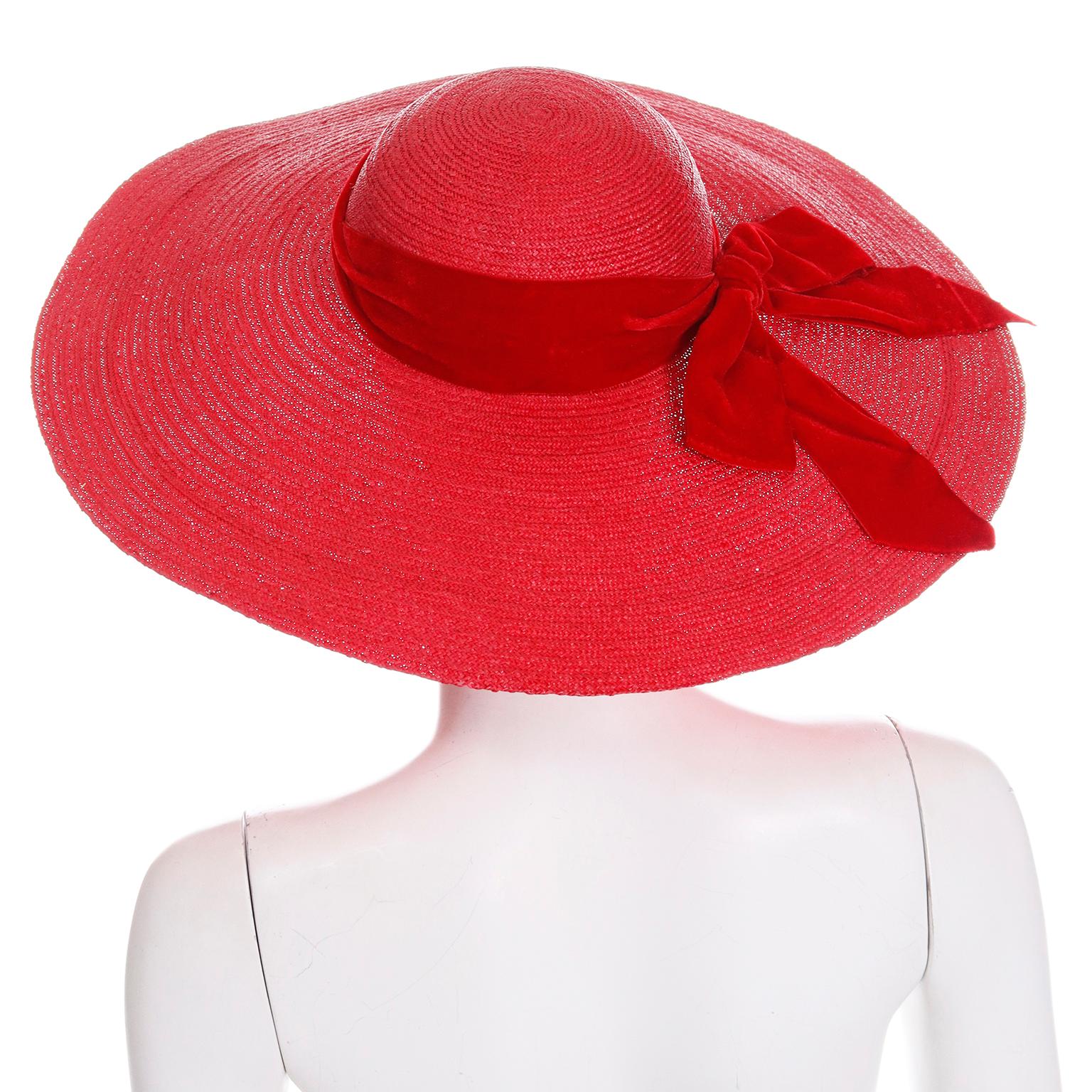 Vintage 1940s Wide Brim Red Straw Hat With Red Velvet Ribbon by Mr Leon In Excellent Condition For Sale In Portland, OR