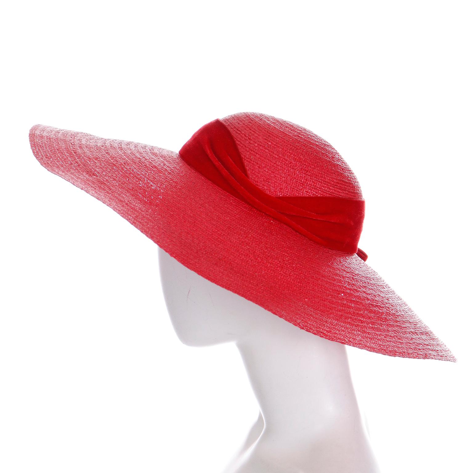 Women's Vintage 1940s Wide Brim Red Straw Hat With Red Velvet Ribbon by Mr Leon For Sale