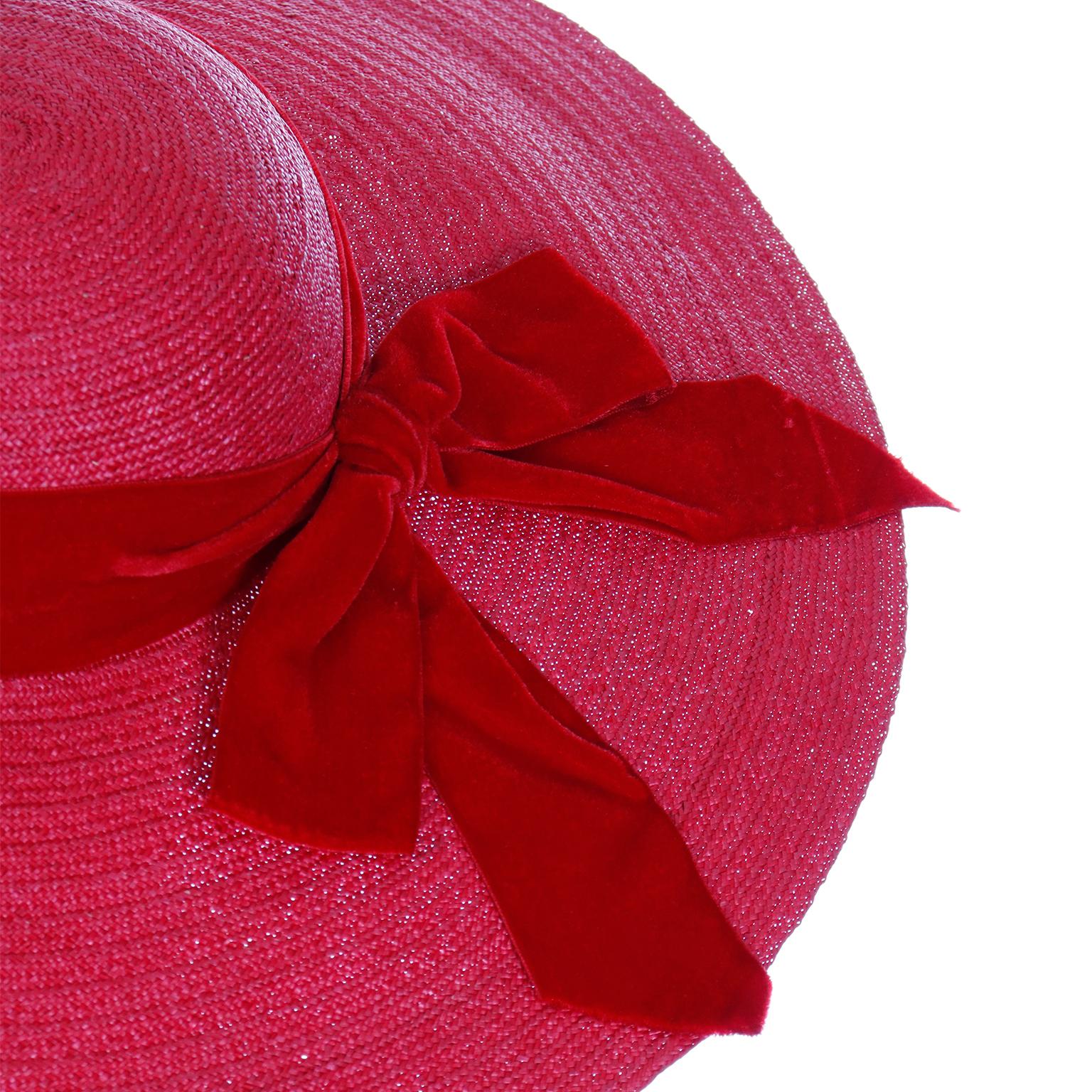 Vintage 1940s Wide Brim Red Straw Hat With Red Velvet Ribbon by Mr Leon For Sale 1
