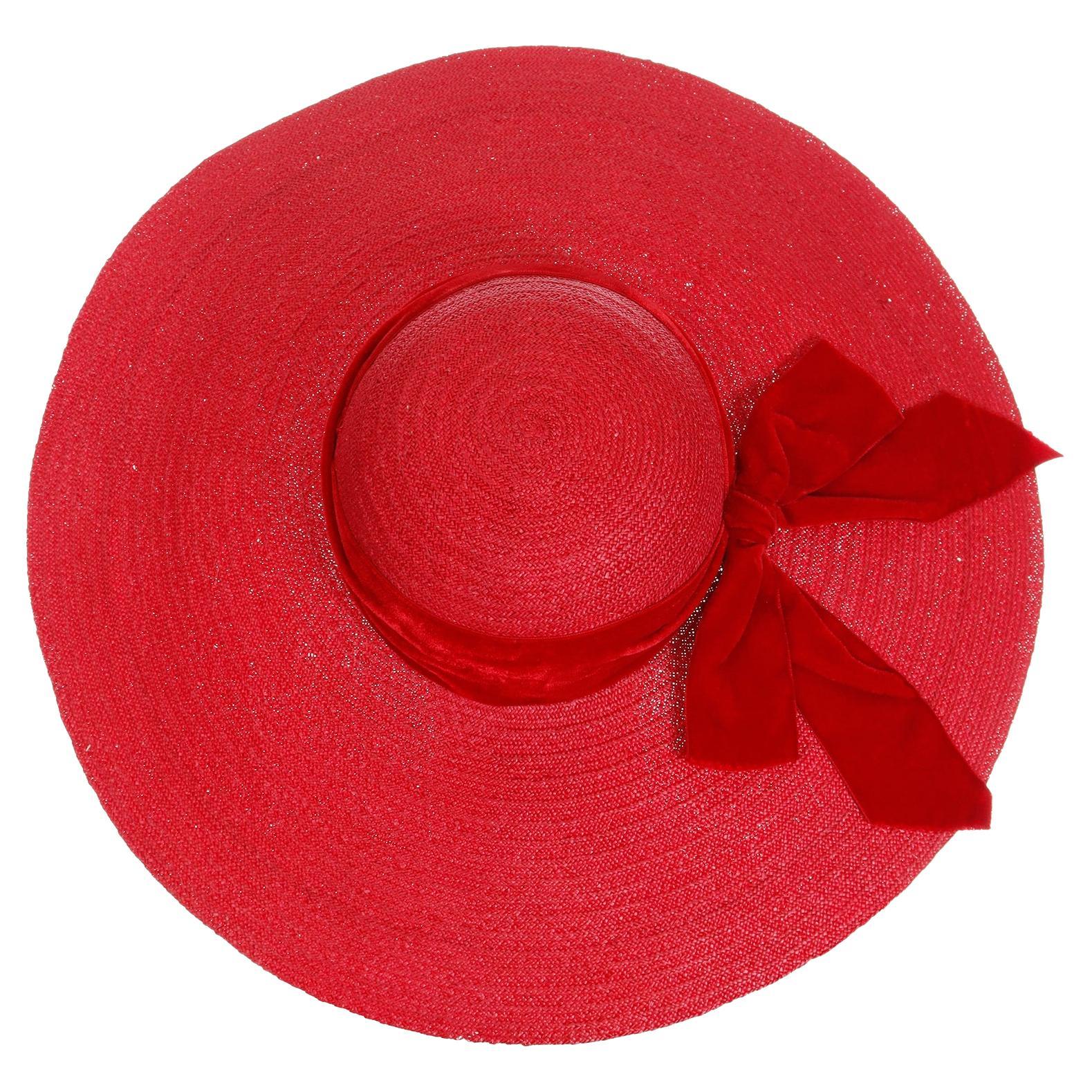 Vintage 1940s Wide Brim Red Straw Hat With Red Velvet Ribbon by Mr Leon For Sale
