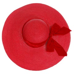 Retro 1940s Wide Brim Red Straw Hat With Red Velvet Ribbon by Mr Leon