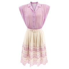 Vintage 1940s Women's Lavender Cotton Day Dress with Embroidered Skirt