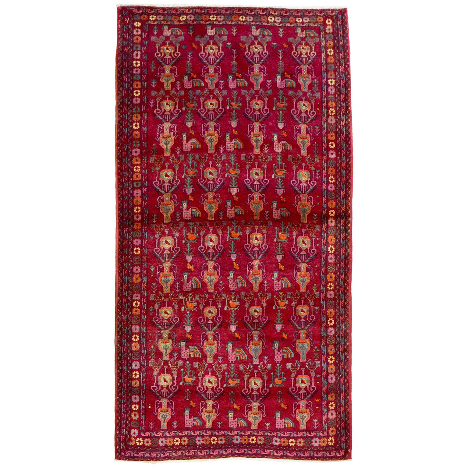 Vintage 1940s Wool Persian Belouchi Rug, Peacock Design, 5' x 9'