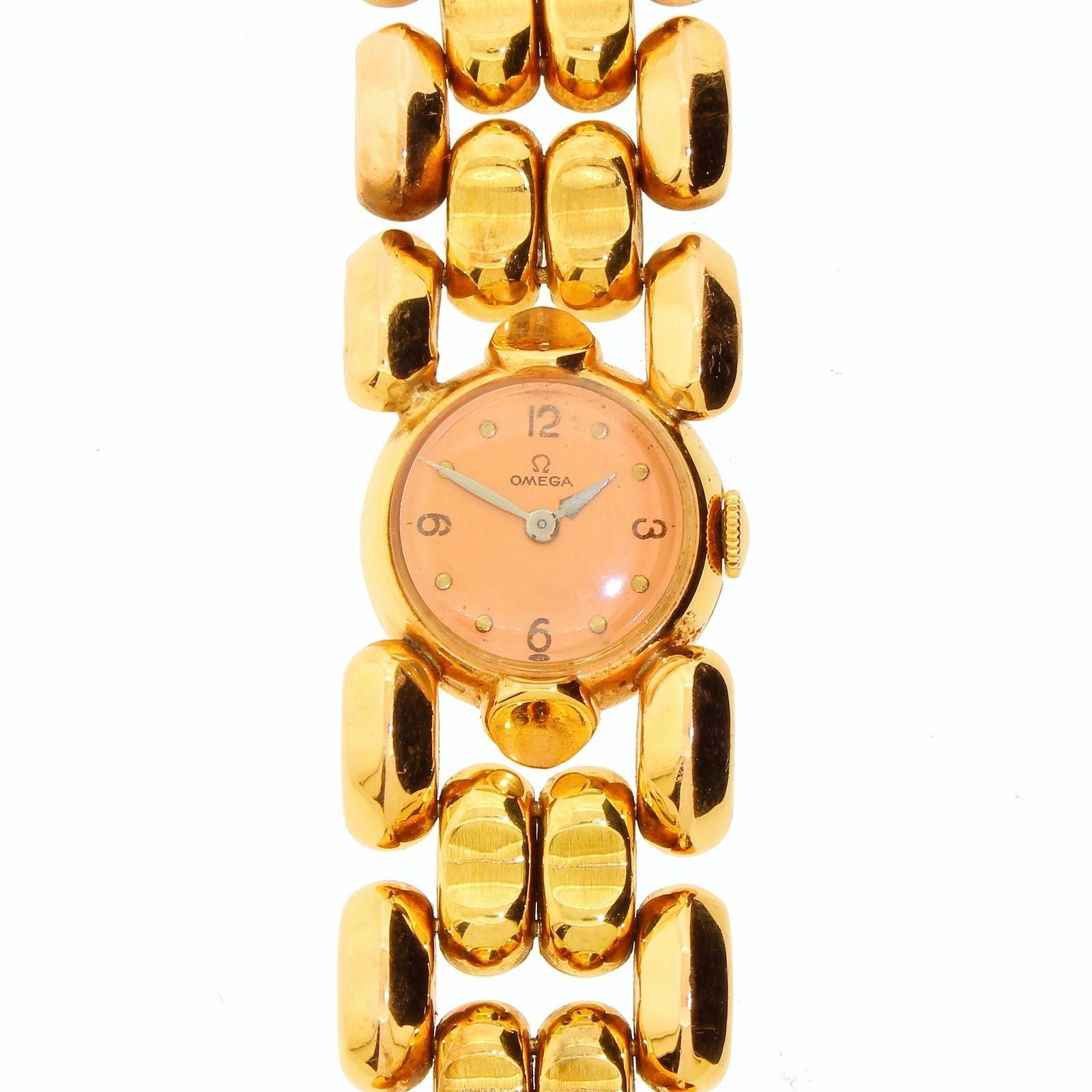 Women's Vintage 1942 Ladies Omega Retro 18 Karat Pink Gold Wristwatch Wide Band 35 Grams