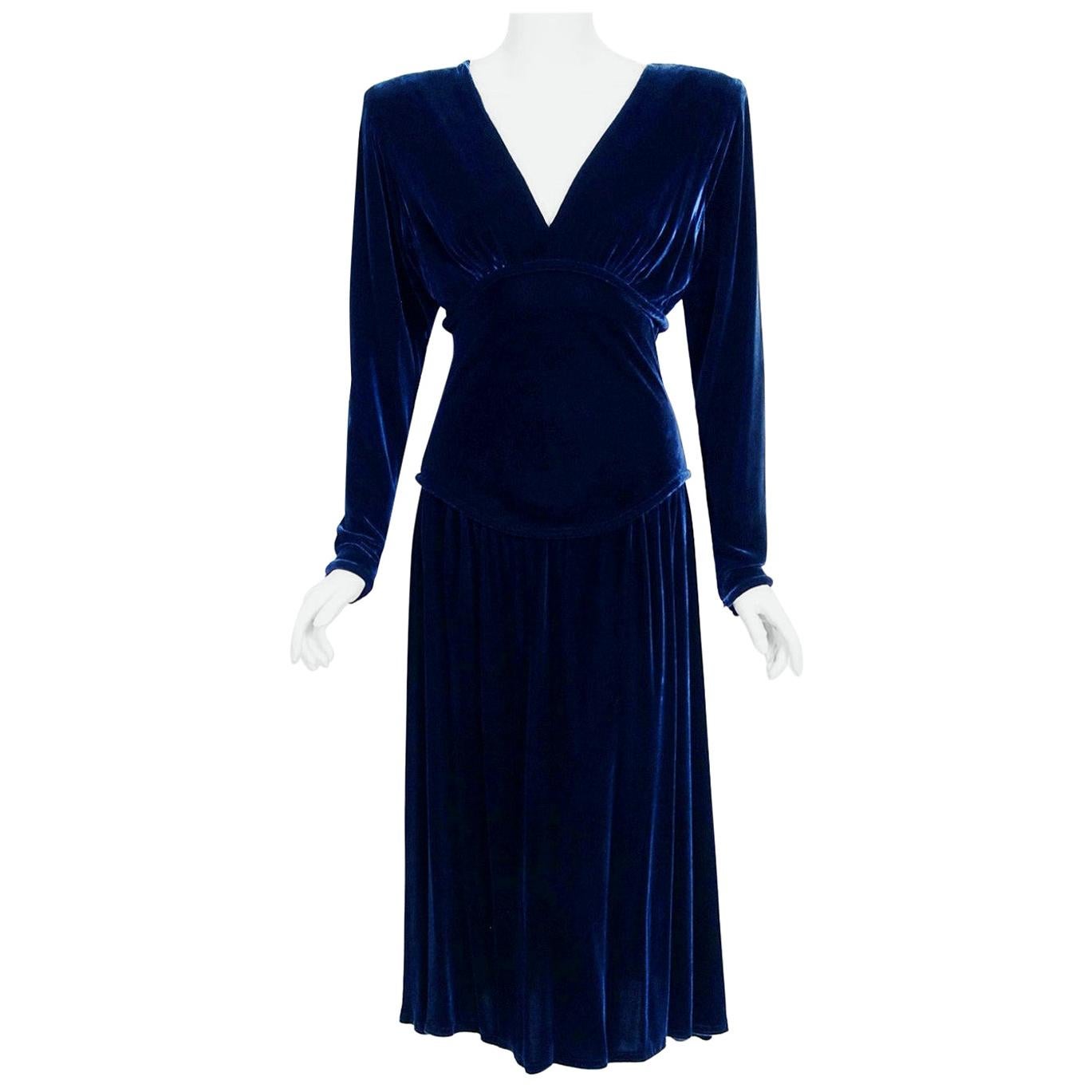 Vintage 1942 Paquin Haute Couture Blue Silk Velvet Sculpted Shelf-Bust Dress