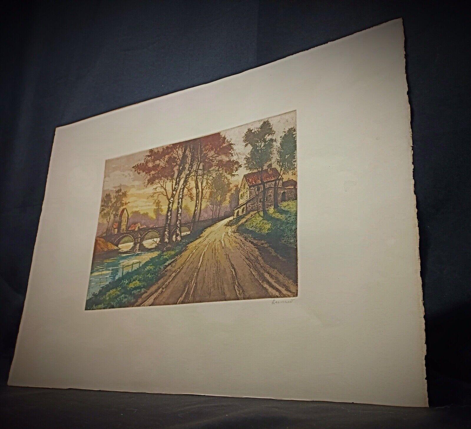 Français Vintage 1944 Grande lithographie signée et numérotée - Paysage par Leonard - 2Y175