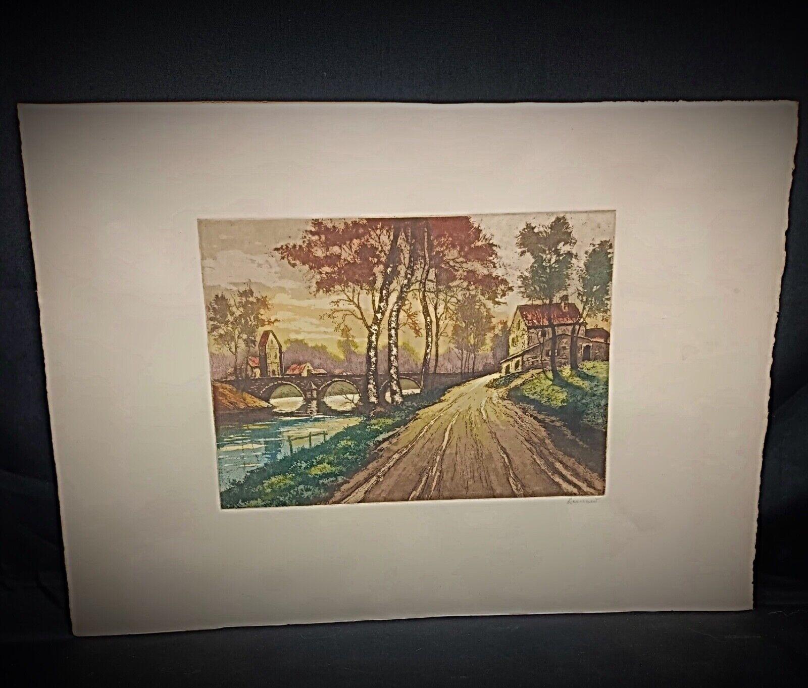 Vintage 1944 Grande lithographie signée et numérotée - Paysage par Leonard - 2Y175 1