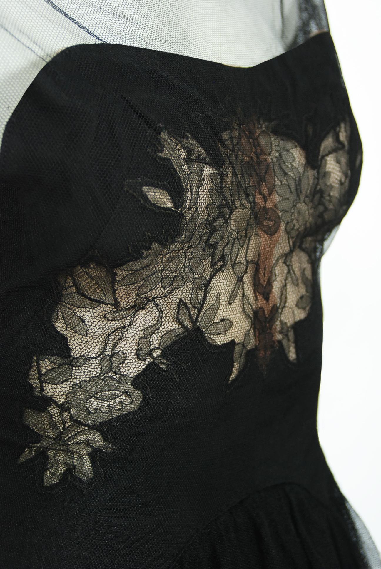 Black Vintage 1945 Irene Lentz Couture Documented Sheer Net-Tulle Lace Illusion Dress