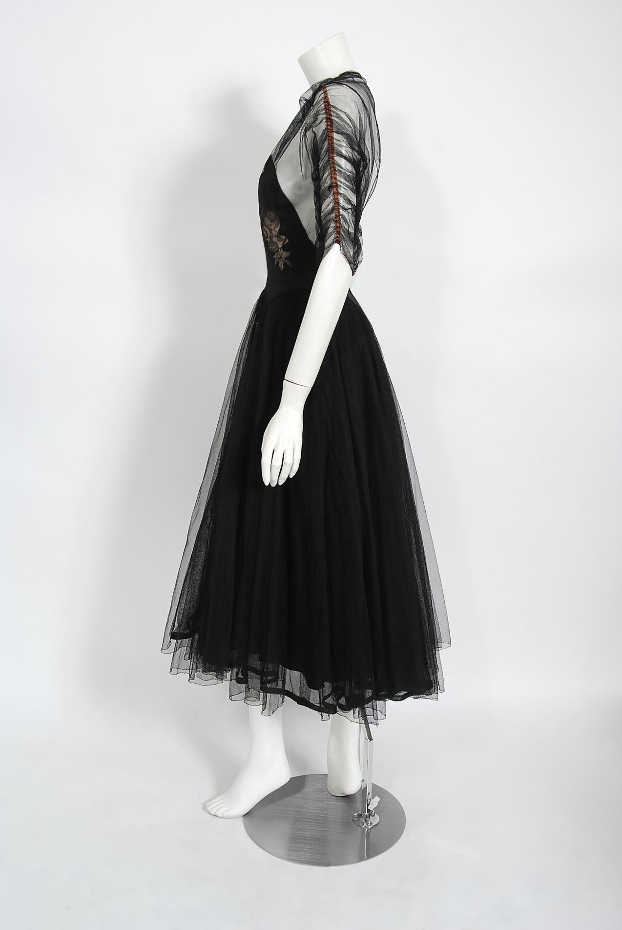Women's Vintage 1945 Irene Lentz Couture Documented Sheer Net-Tulle Lace Illusion Dress