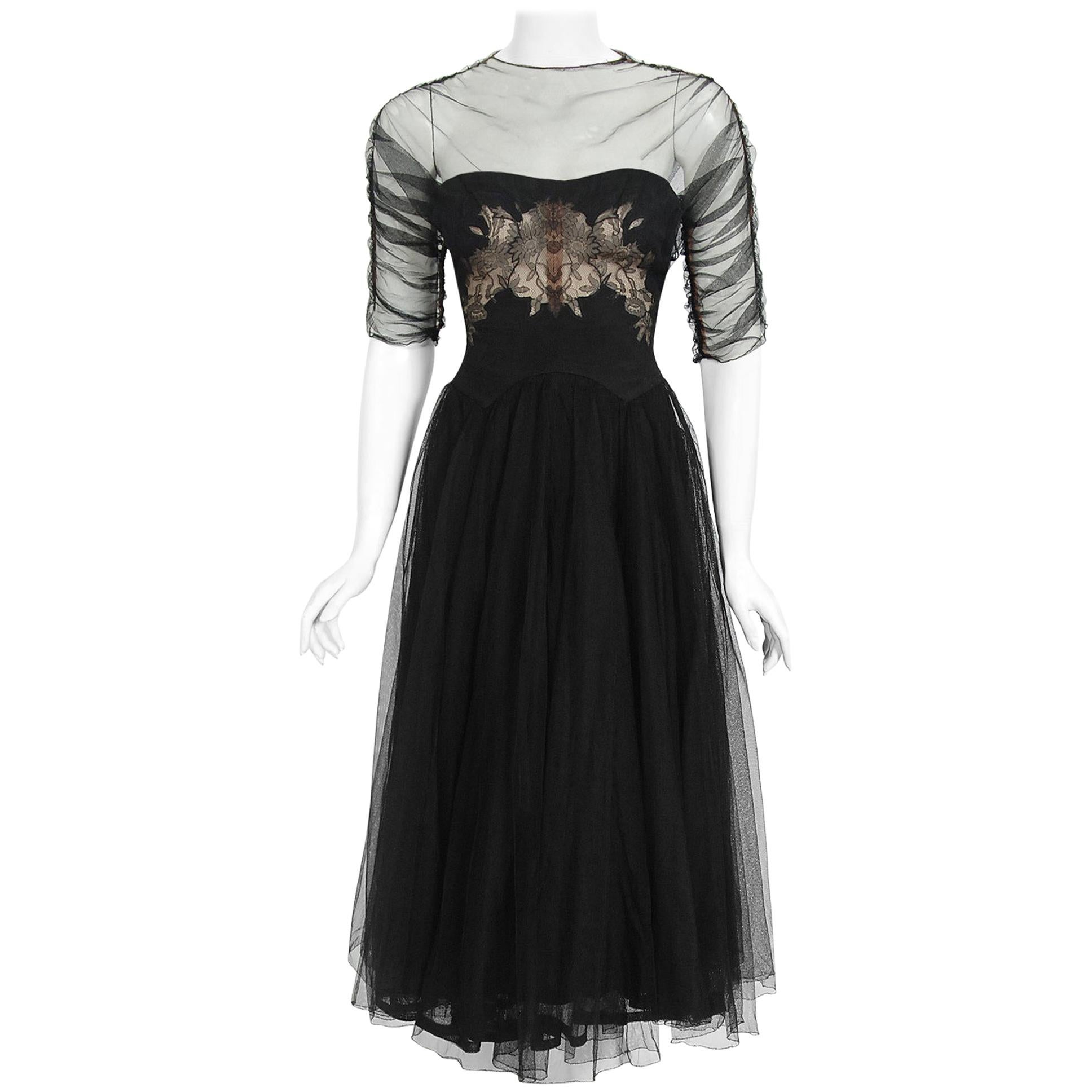 Vintage 1945 Irene Lentz Couture Documented Sheer Net-Tulle Lace Illusion Dress