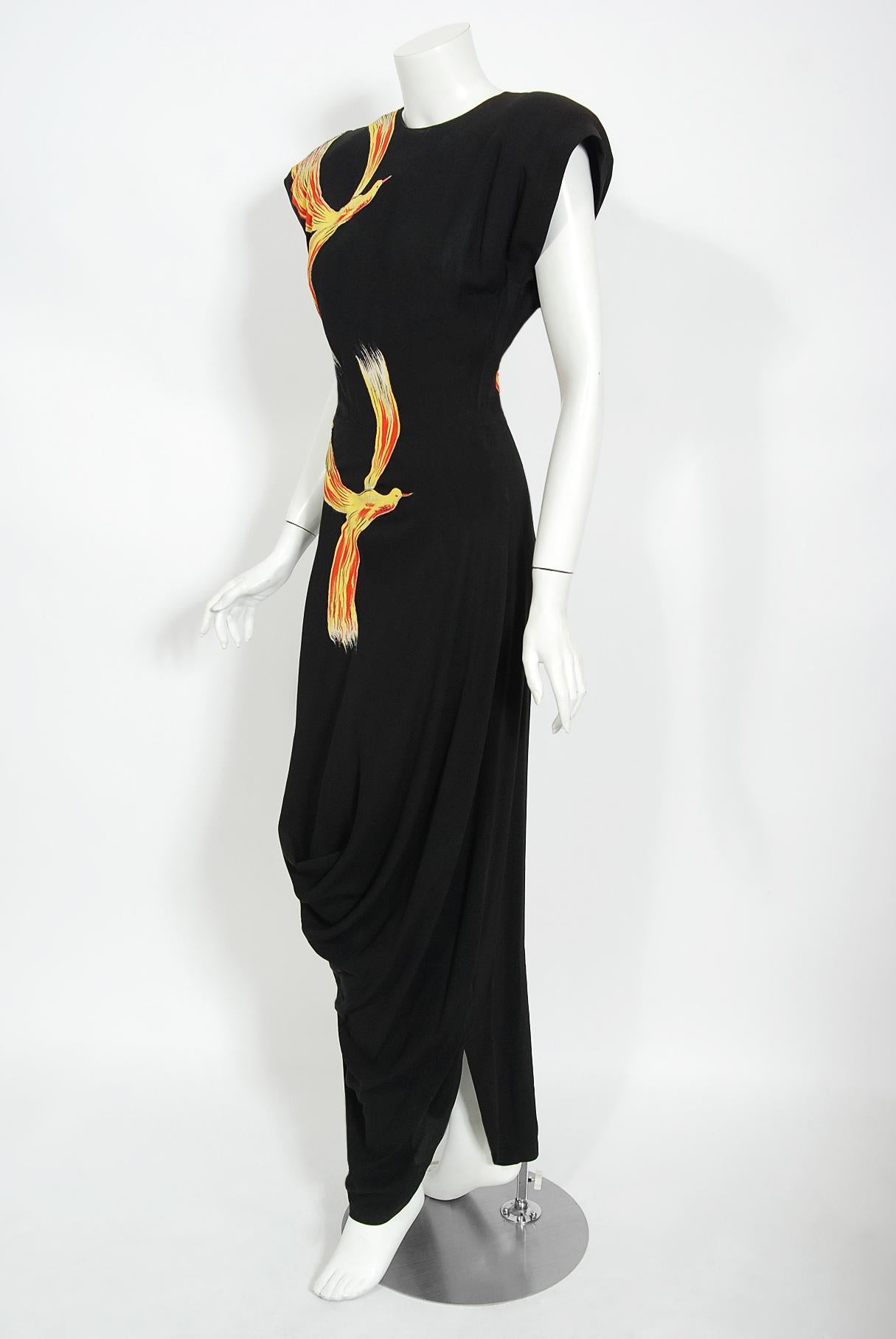 Vintage 1946 Jourdelle of Hollywood Novelty Flying Firebirds Crepe Draped Gown 3
