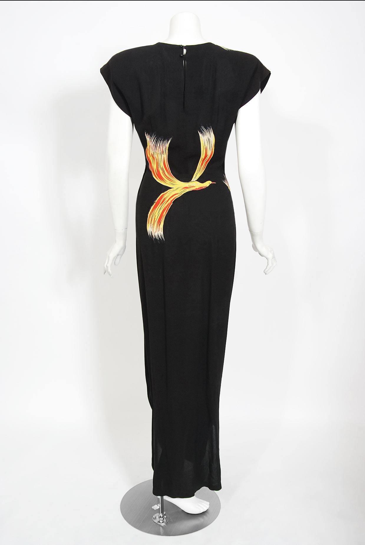 Vintage 1946 Jourdelle of Hollywood Novelty Flying Firebirds Crepe Draped Gown 6
