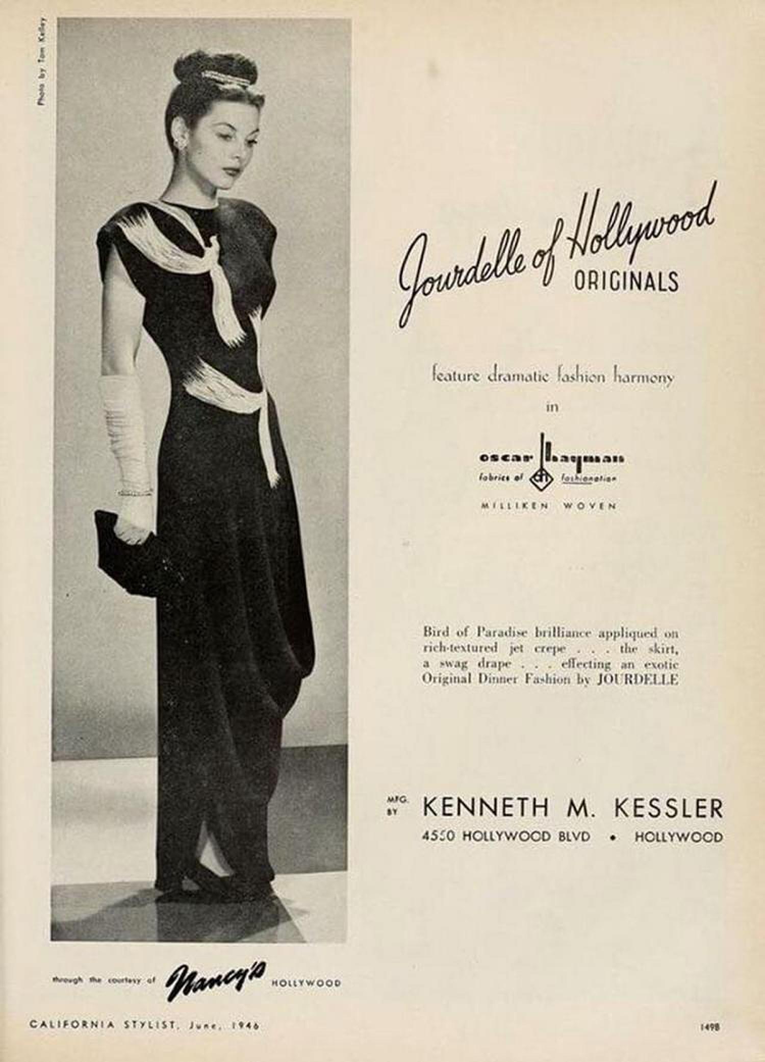 A sensational and highly coveted Jourdelle of Hollywood documented flying phoenix firebirds rayon crepe gown dating back to 1946. The Smithsonian holds a similar example within their collection which is attributed to the famous costume designer