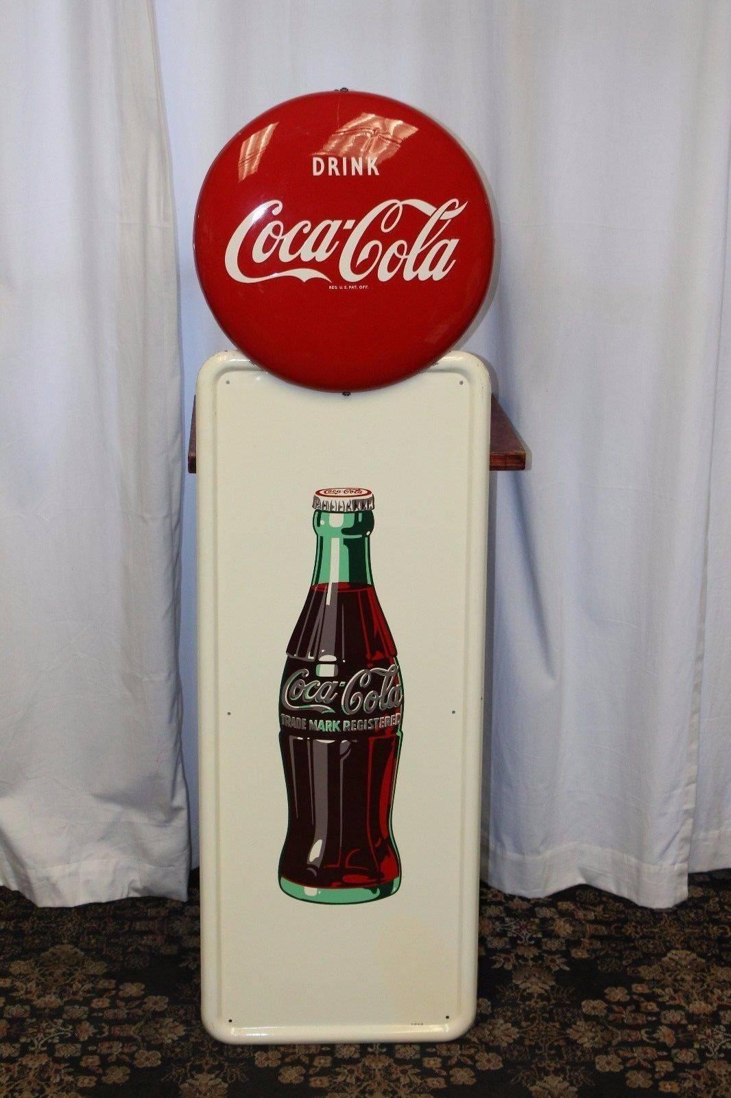 American Vintage 1947 Coca Cola Bottle Pillar Sign with 1951 Coke Button Advertising Sign For Sale