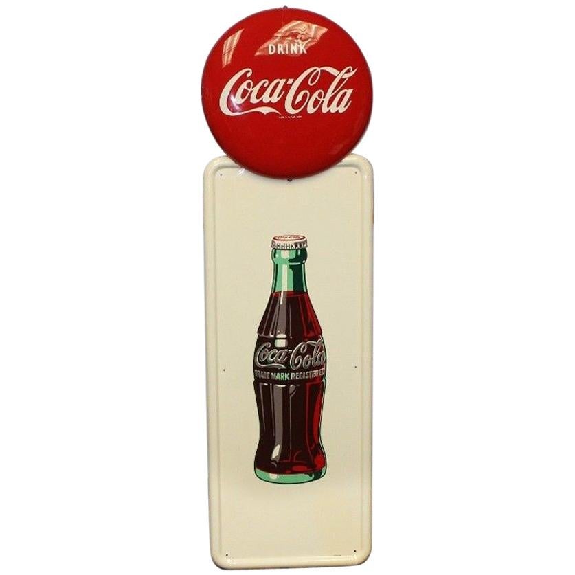 Vintage 1947 Coca Cola Bottle Pillar Sign with 1951 Coke Button Advertising Sign For Sale