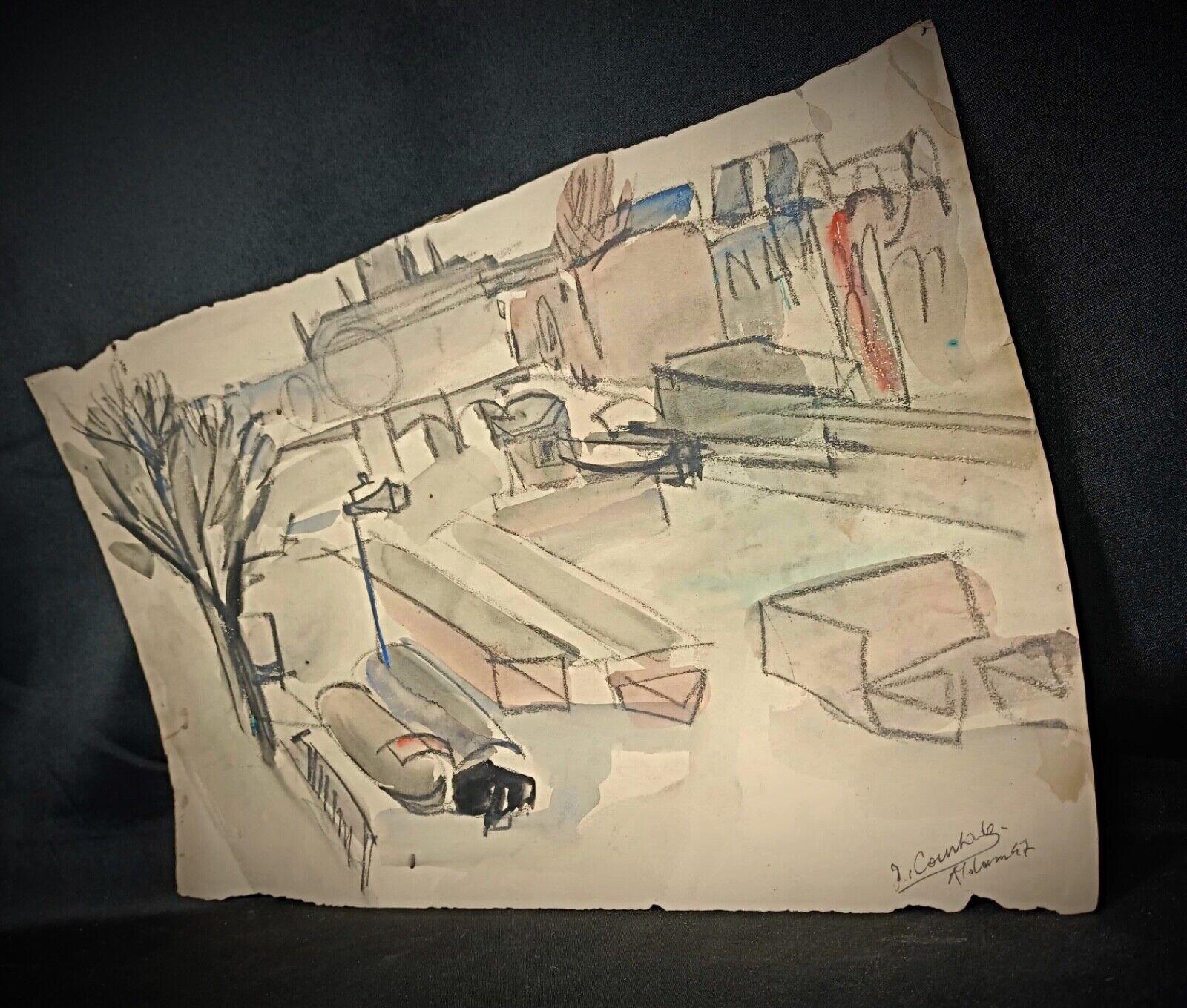 Empire Vintage 1947 Watercolor Drawing by Jacques Courtade, Signed 