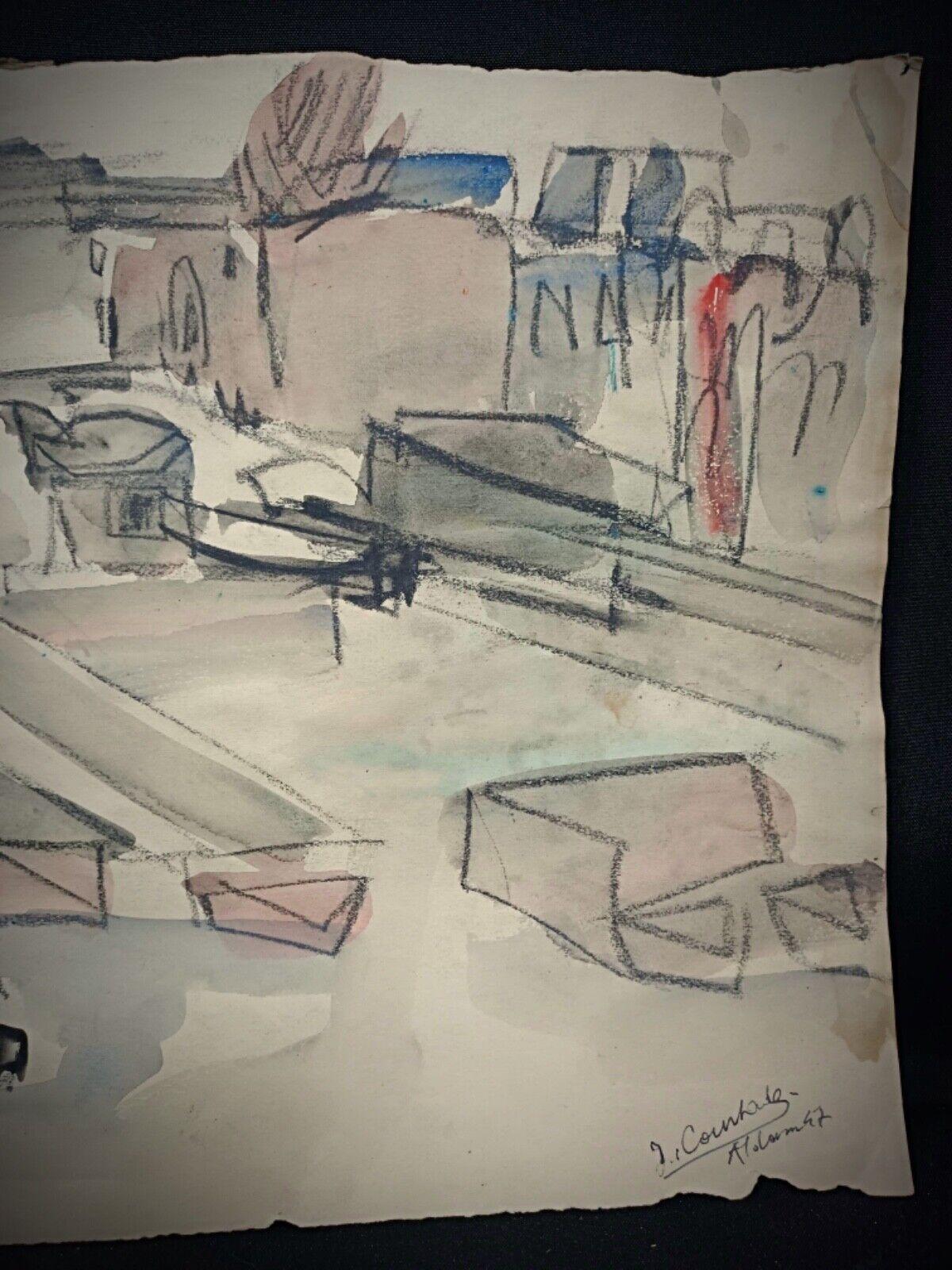 French Vintage 1947 Watercolor Drawing by Jacques Courtade, Signed 