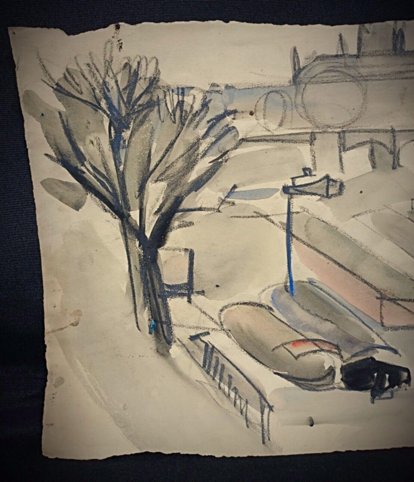 Vintage 1947 Watercolor Drawing by Jacques Courtade, Signed 