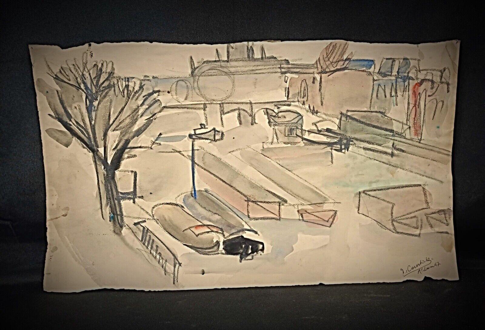 Vintage 1947 Watercolor Drawing by Jacques Courtade, Signed 