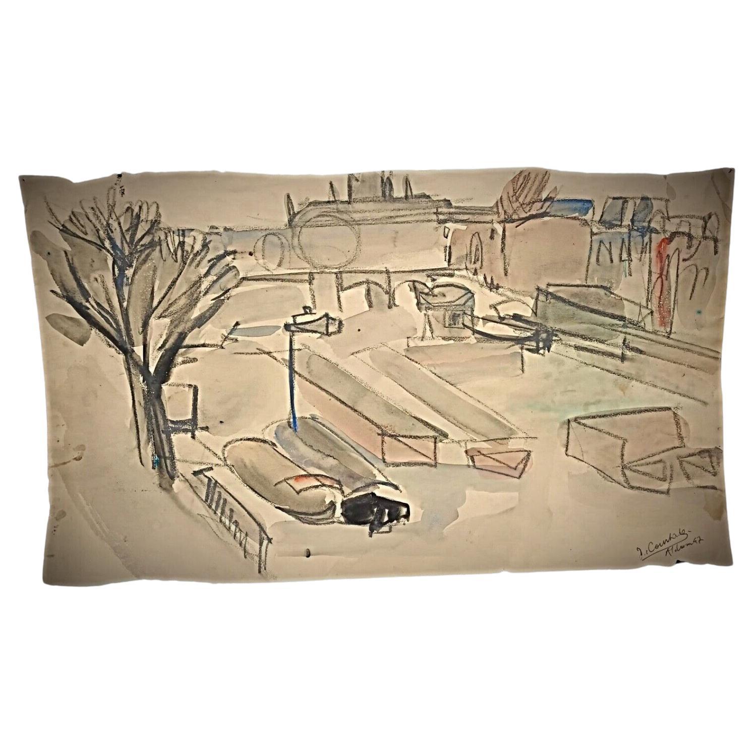 Dessin aquarelle vintage de 1947 de Jacques Courtade, signé "Holoum 47" - 2Y163