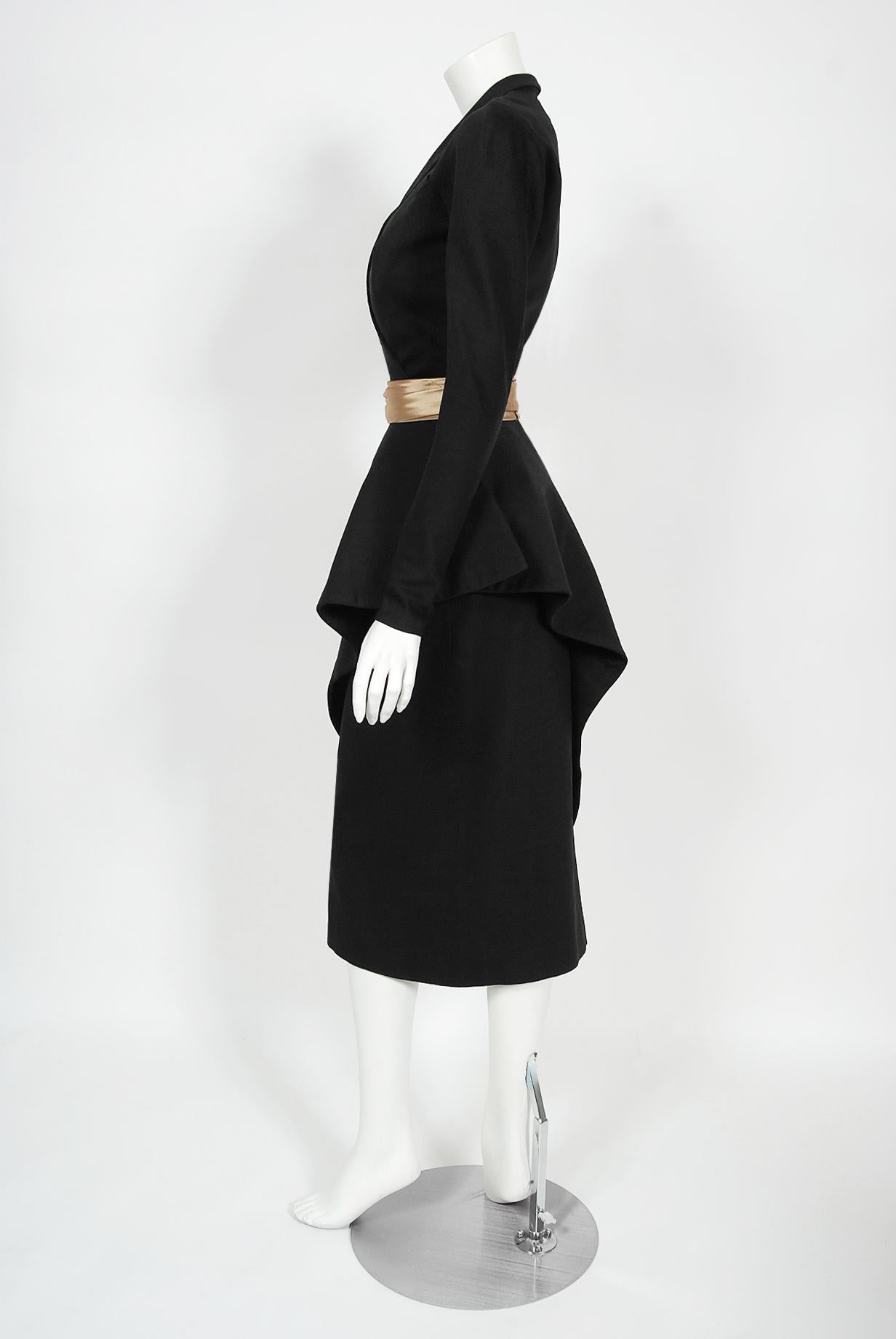 Vintage 1949 Lanvin Haute Couture Documented Sculpted Black Wool Cocktail Dress 6
