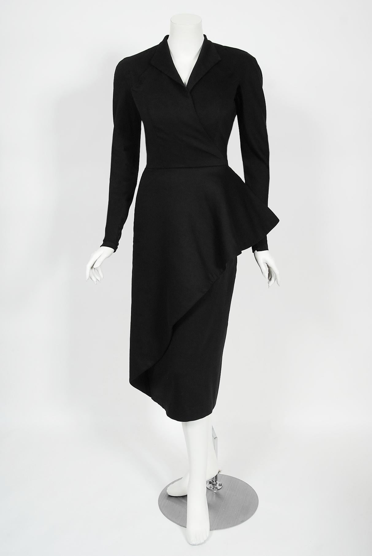 Vintage 1949 Lanvin Haute Couture Documented Sculpted Black Wool Cocktail Dress 8