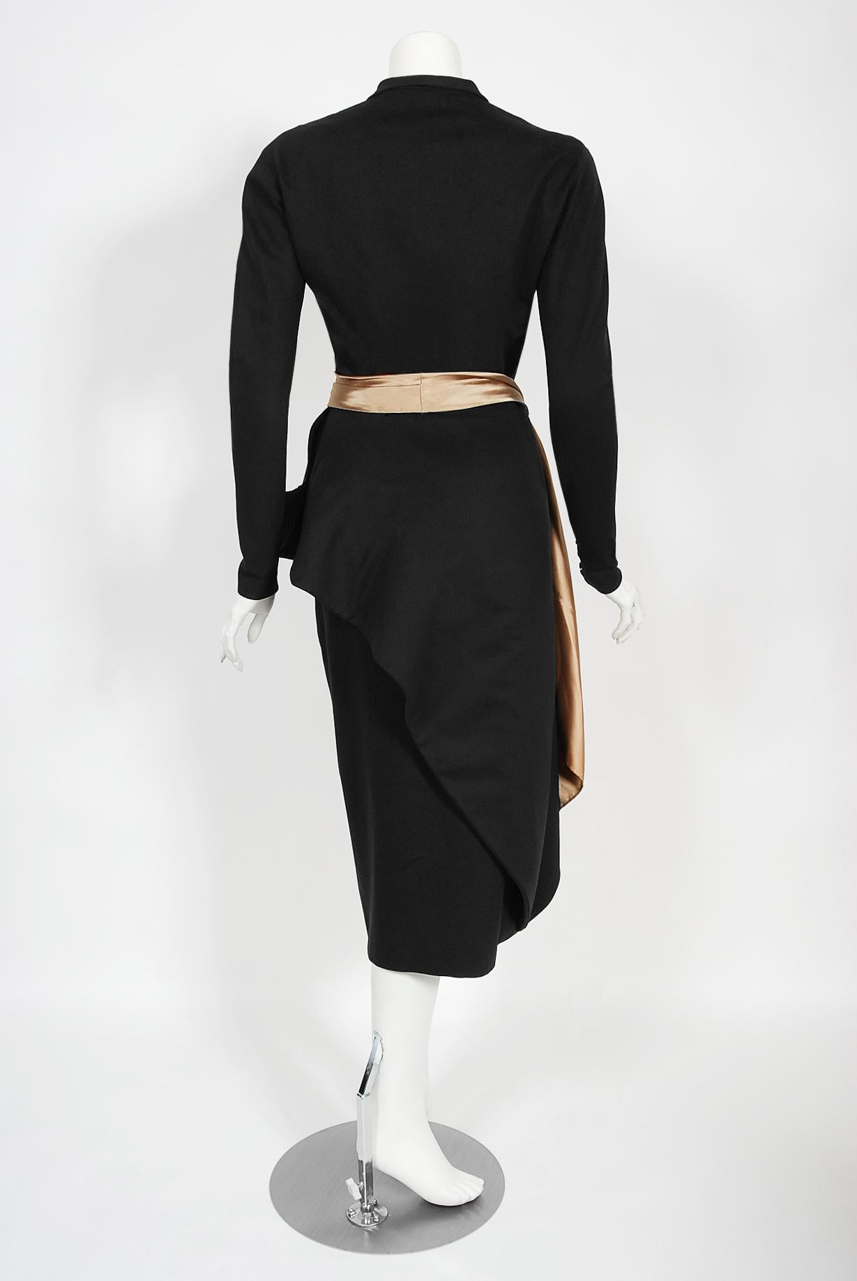 Vintage 1949 Lanvin Haute Couture Documented Sculpted Black Wool Cocktail Dress 9