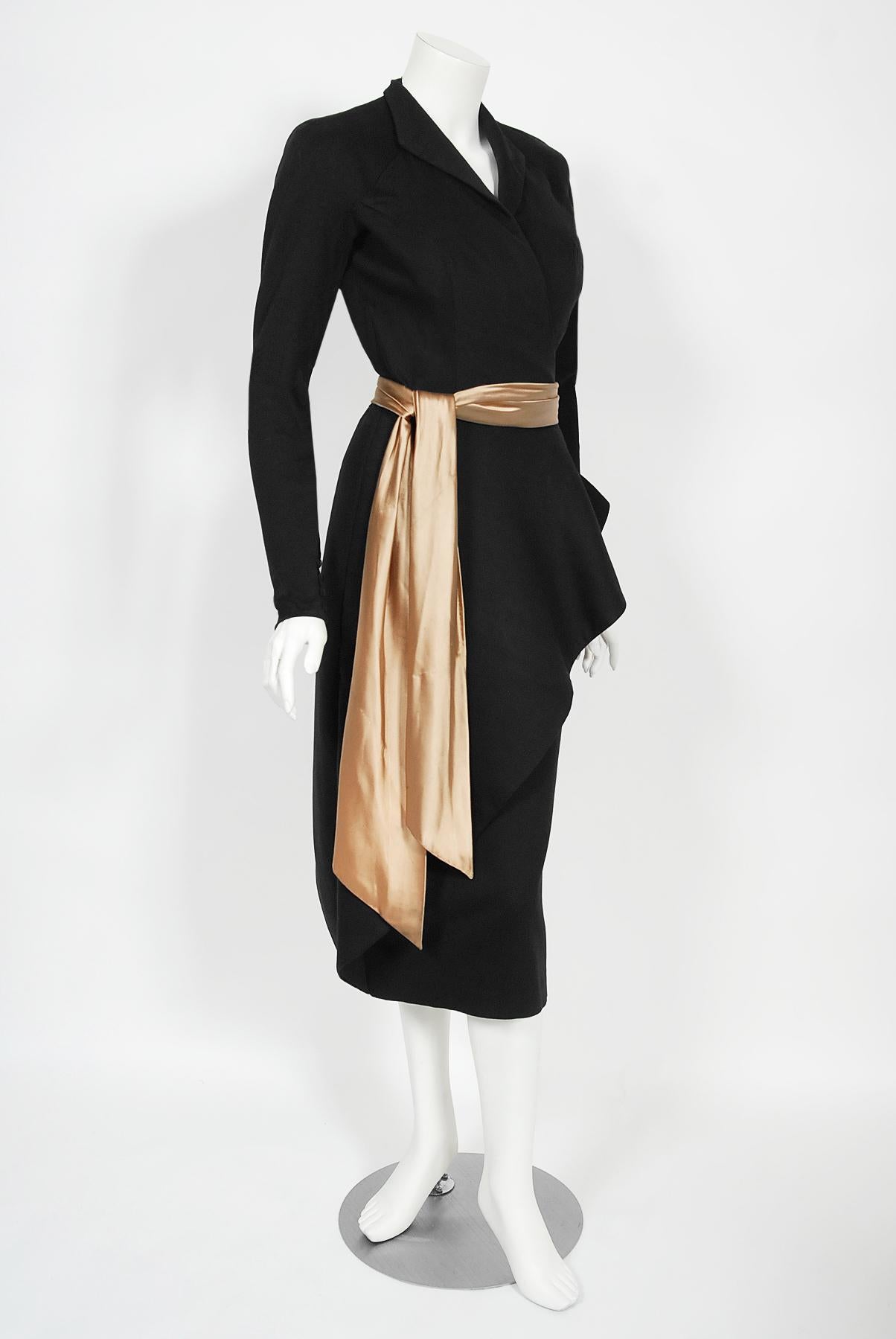 Vintage 1949 Lanvin Haute Couture Documented Sculpted Black Wool Cocktail Dress 1