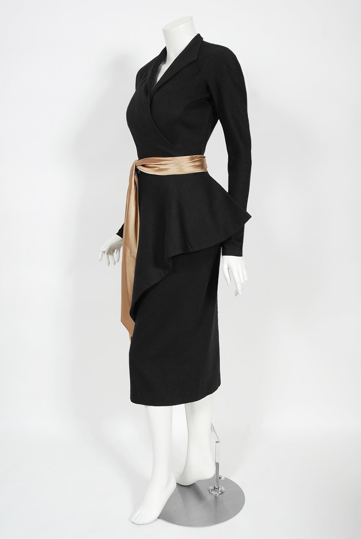 Vintage 1949 Lanvin Haute Couture Documented Sculpted Black Wool Cocktail Dress 3