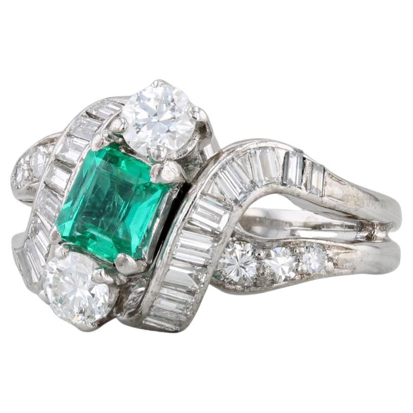 Vintage 1.94ctw Emerald Diamond Cocktail Ring 18k White Gold Size 5.75 For Sale