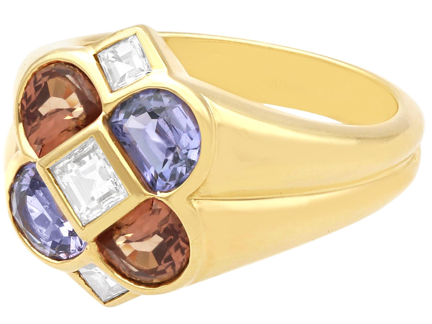 Anillo vintage de oro amarillo, zafiro rosa marrón y púrpura de 1,95 quilates y diamantes Corte Asscher en venta