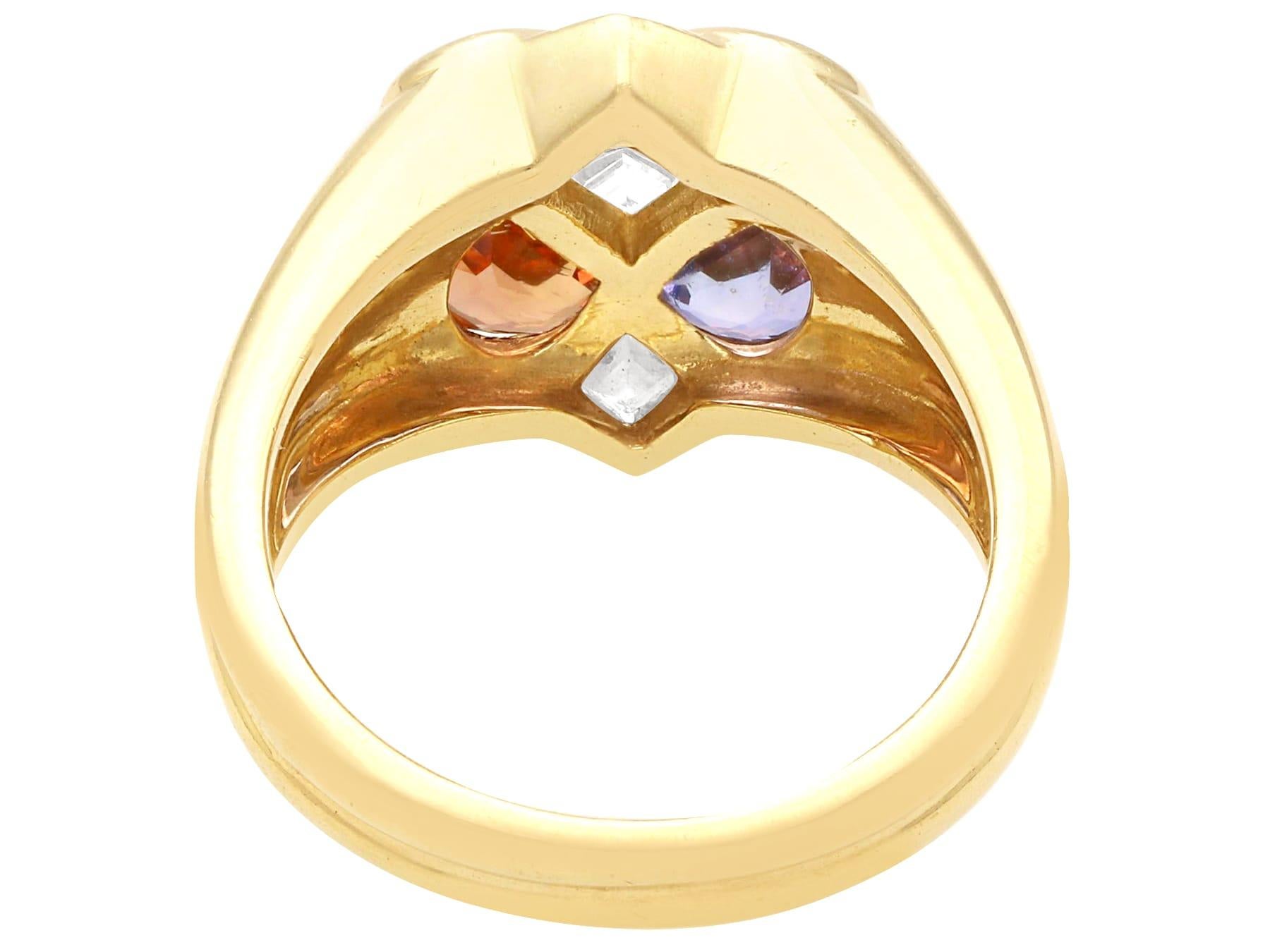 Anillo vintage de oro amarillo, zafiro rosa marrón y púrpura de 1,95 quilates y diamantes en Excelente estado para la venta en Jesmond, Newcastle Upon Tyne