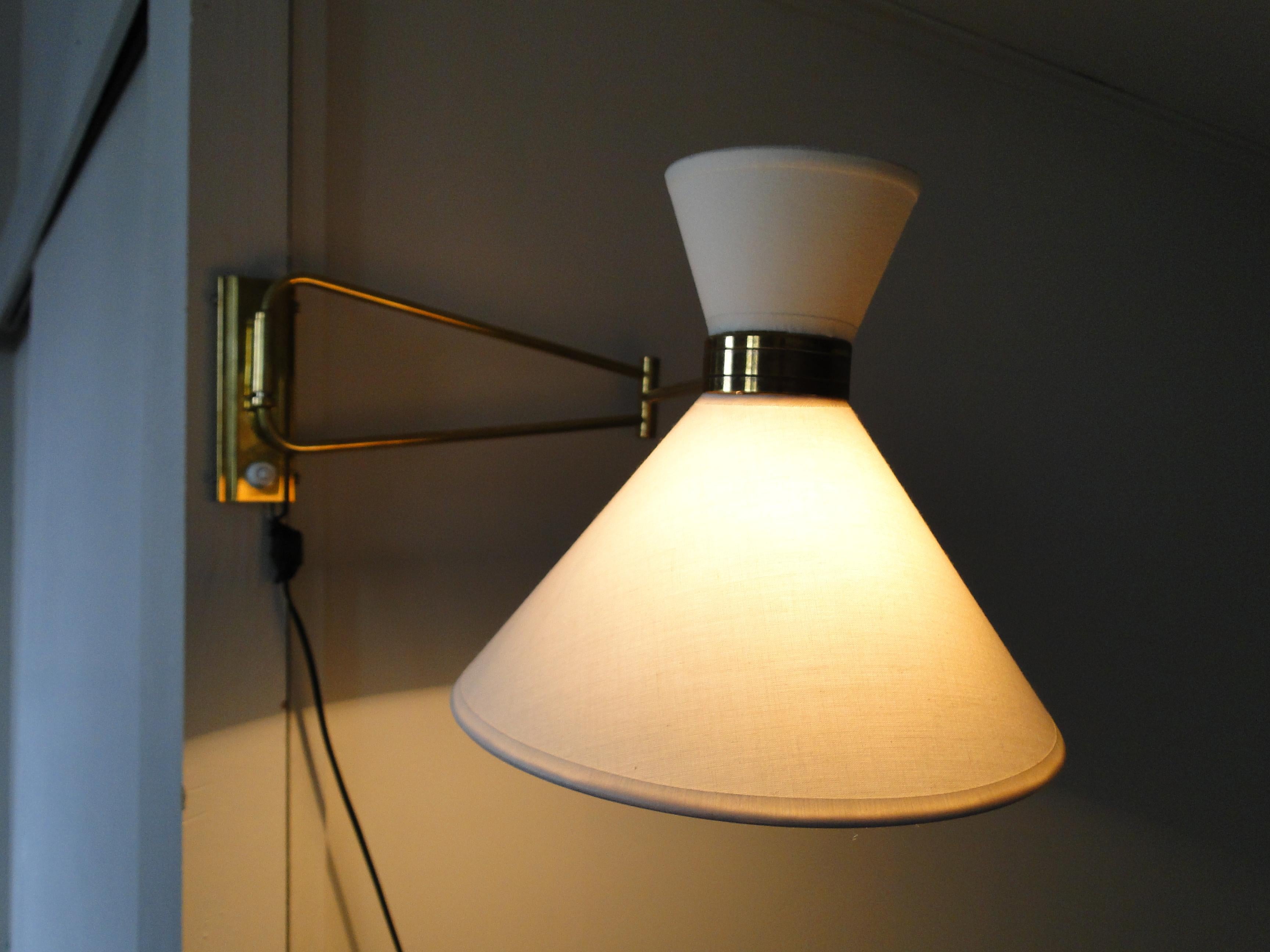 French Vintage 1950 Brass Double Arm Diabolo Wall Lamp by René Mathieu France Lunel