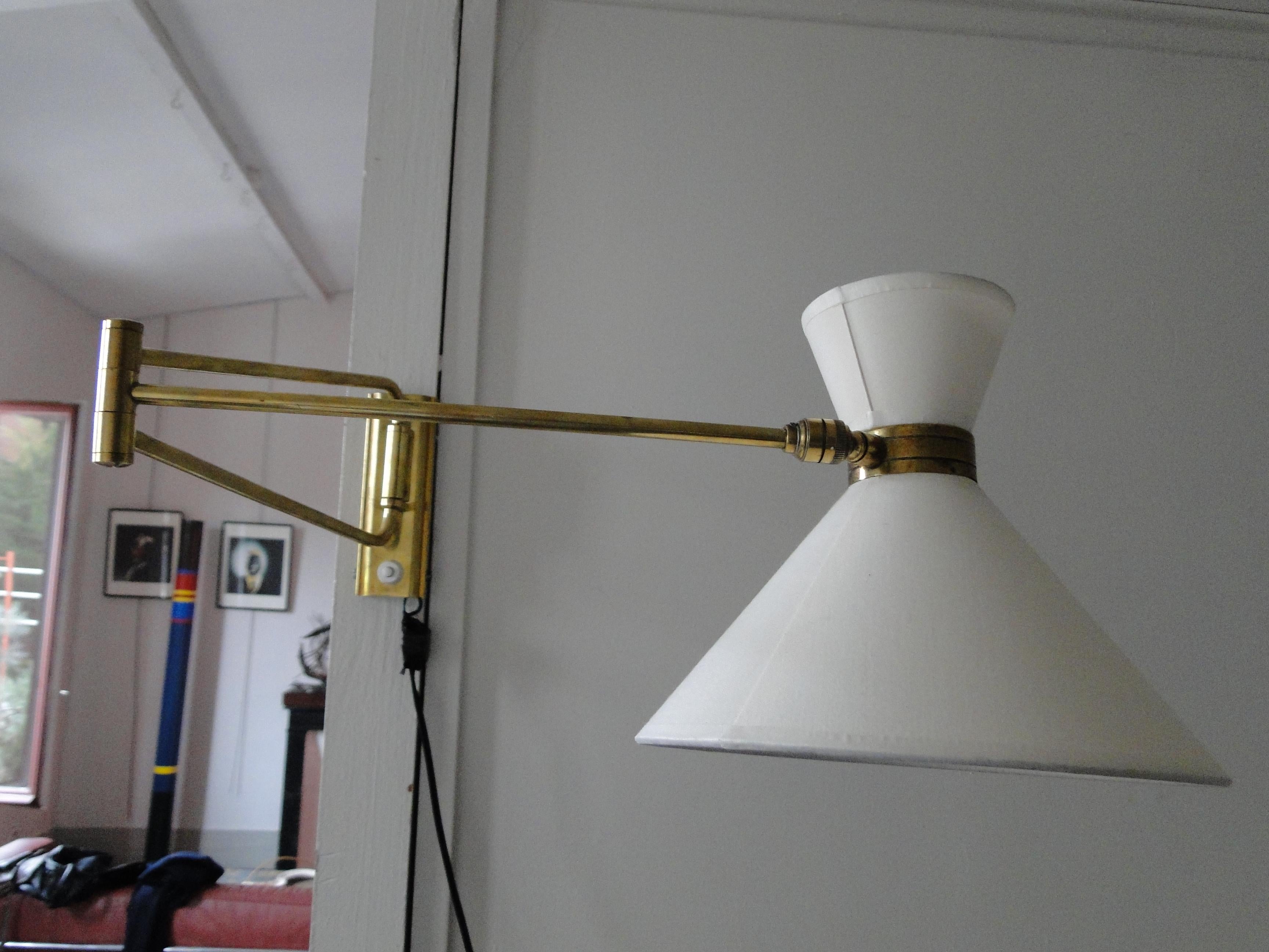 Vintage 1950 Brass Double Arm Diabolo Wall Lamp by René Mathieu France Lunel 3