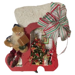 Vintage 1950 Christmas Boot with Miniature Tree w Lights and Santa Claus