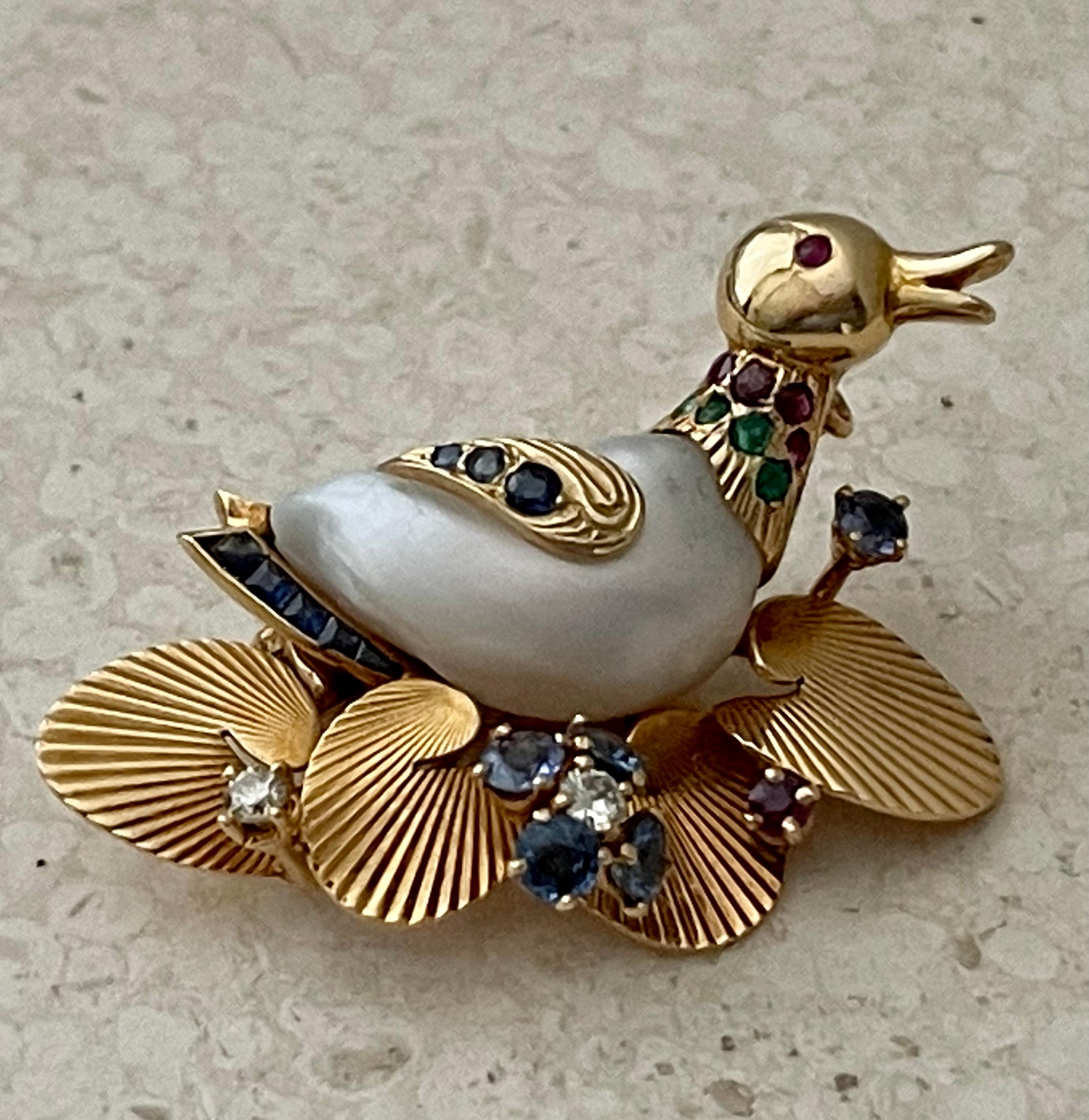 Vintage 1950 Duck Novelty brooch Pearl Ruby Sapphire Emerald Diamond For Sale 4