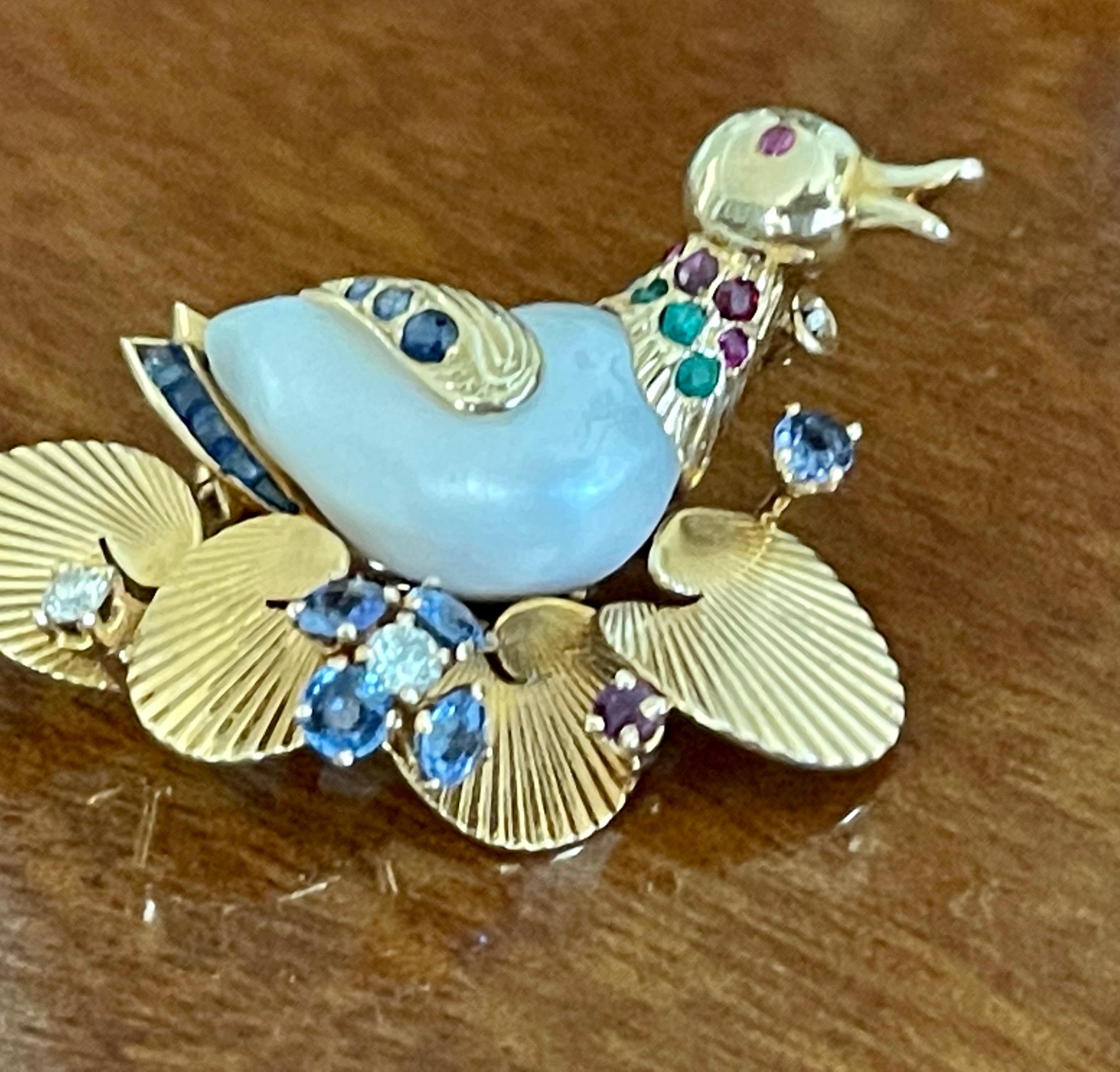 Retro Vintage 1950 Duck Novelty brooch Pearl Ruby Sapphire Emerald Diamond For Sale