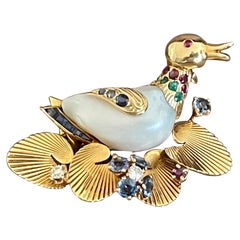 Vintage 1950 Duck Novelty brooch Pearl Ruby Sapphire Emerald Diamond
