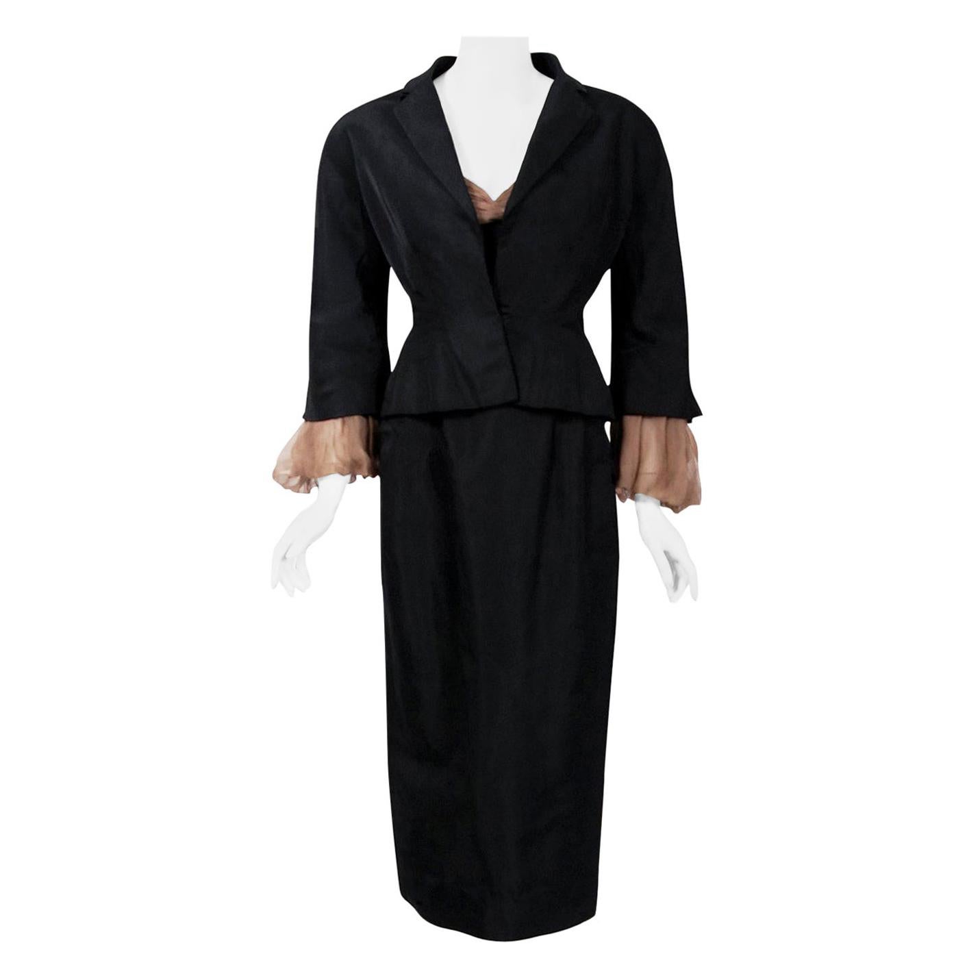 Vintage 1950s Pierre Balmain Black and Nude Silk Dress w/ Billow-Sleeve Jacket 