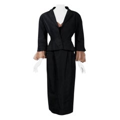 Vintage 1950s Pierre Balmain Black and Nude Silk Dress w/ Billow-Sleeve Jacket