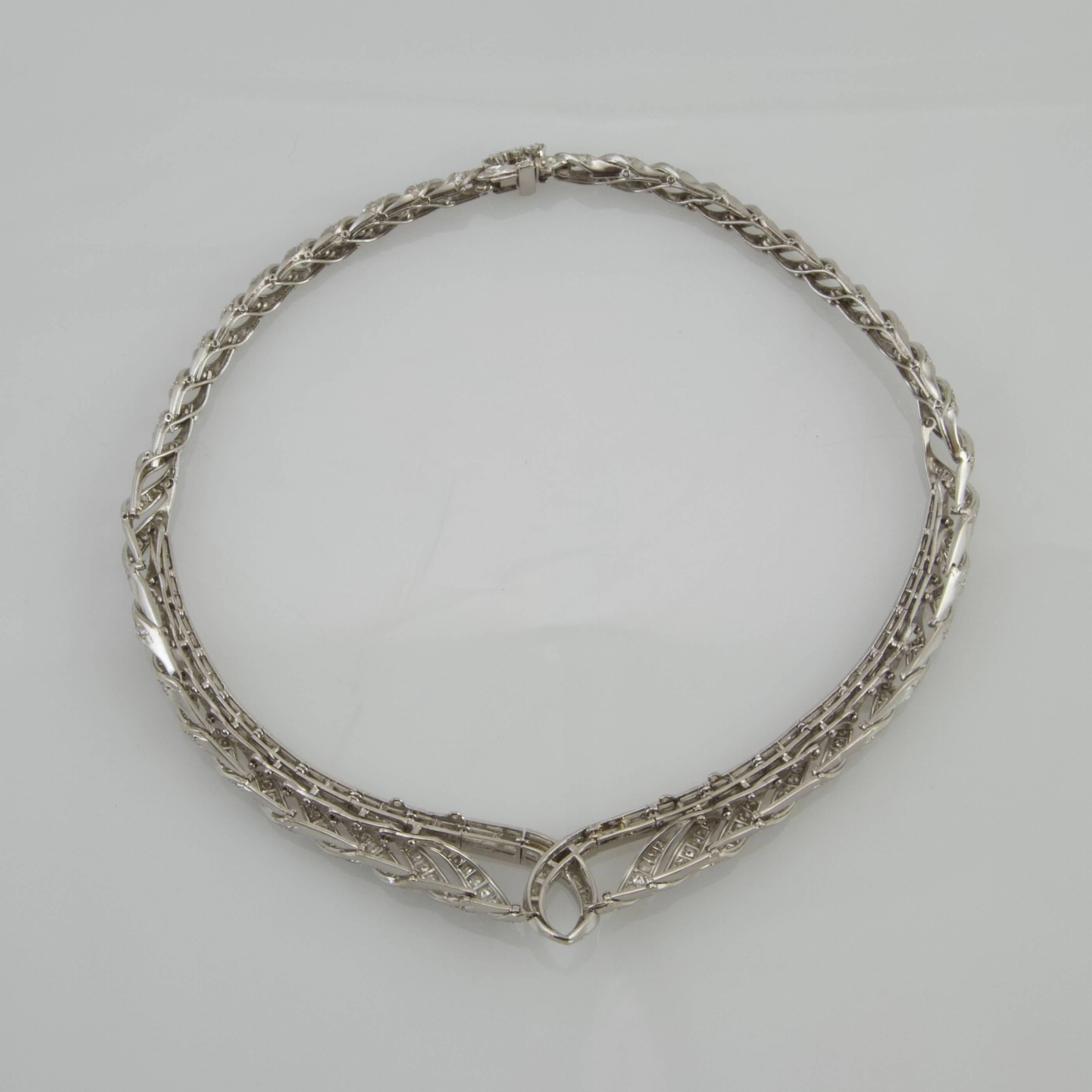 Baguette Cut Vintage 1950 Platinum and Gold Diamond Necklace Made in France For Sale