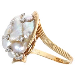 Vintage 1950 Ruser Mississippi River Pearl Pearl Diamond Gold Platinum Cocktail Ring