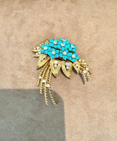 Vintage 1950 yellow gold Brooch Diamonds Turquoise
