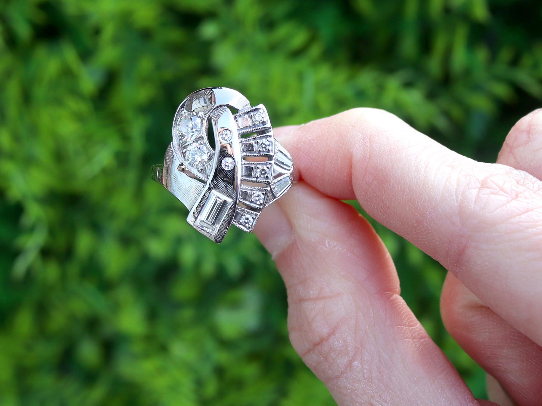 A stunning, fine and impressive vintage 1950's 0.75 carat diamond and 14 karat white gold Art Deco twist ring; part of our diverse vintage jewelry and estate jewelry collections.

This stunning, fine and impressive Art Deco diamond dress ring has